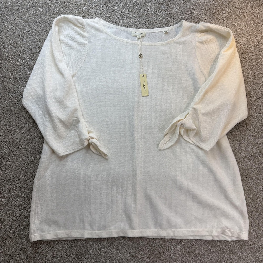 Max Studio Blouse Womens 1X White Scoop Neck 3/4 Puff Sleeve Tie Jersey Top